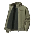 Mens thick olive green corduroy jacket with warm fleece lining and stand collar design - M / Army Green
