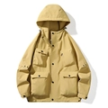 Men's khaki hooded outdoor jacket with four cargo pockets and high-quality windproof fabric - S / Gamboge