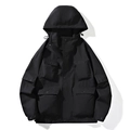 Men's outdoor hooded jacket with multiple pockets and detachable hood in black utility style - S / Black