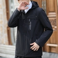 Men's black fleece-lined hooded jacket with waterproof fabric and chest zipper pocket - M / Black