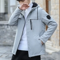 Men's light grey hooded windbreaker jacket with warm black fleece lining and sport badges - M / Gray