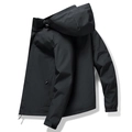 Mens hooded workwear jacket in black windproof fabric shown from a side-back view - M / Black