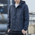 Men's outdoor hooded jacket with dark blue monstera leaf print and windproof design - M / Men's Black