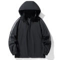 Men's black hooded sports jacket with white sleeve stripes and running print - M / Black