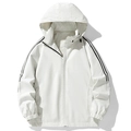 White hooded windbreaker jacket with black stripes and drawstring hood for men - M / White