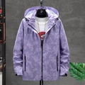 Men's purple windbreaker jacket with geometric camo pattern and detachable hood - M / Purple