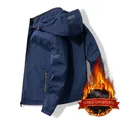Men's slim fit navy hooded winter jacket with fleece lining and windproof fabric - M / Dark Blue
