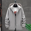 Men's light grey hooded windbreaker with black zippers and elastic cuffs in high quality - M / Light Gray