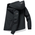 Men's black windbreaker jacket with adjustable hood and utility sleeve patch details - M / Black