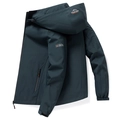 Mens dark teal windbreaker jacket with detachable hood and sleeve print design - M / Dark Green