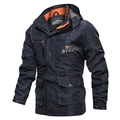 Giacca a vento tattica blu navy da uomo con cappuccio foderato arancione e tasche cargo - M / Blu