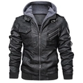 Men's faux leather biker jacket with removable grey hood and multiple zipper pockets - S / Black