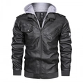 Men's black faux leather jacket with detachable grey knit hood and dual zipper design - S / Gray