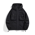 Black outdoor utility hooded jacket with multi-pocket design and functional nylon fabric - S / Black