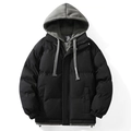 Men's hooded color-block puffer jacket in black and grey with a drawstring hood - M / Black