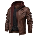 Men's faux leather biker jacket in dark brown with detachable burgundy hood - S / Coffee