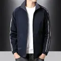 Men's navy reversible fleece-lined jacket with stand-up collar and gray shoulder trim - 3XL / Fleece Lined / Dark Blue