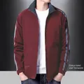 Men's wine red stand collar jacket with warm fleece lining and outdoor sleeve stripes - 3XL / Fleece Lined / Red