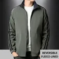 Men's reversible fleece-lined jacket in grey-green with outdoor black sleeve stripes - 3XL / Fleece Lined / Grey Green