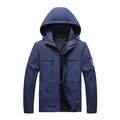 Men's outdoor blue hooded windbreaker jacket with a two-tone spliced design - Men's Dark Blue / L