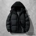 High-quality men's black hooded winter coat with quilted panels and corduroy trim details - Black