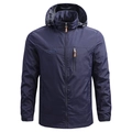Men's deep blue hooded outdoor windbreaker jacket with a zipper chest pocket - M / Blue