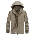 Heren khaki windjack waterdicht met capuchon en geborduurde badge op de mouw - M / Khaki