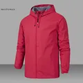 Men's outdoor hooded jacket in red featuring windproof drawstring and velcro cuffs - S / Red