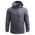 Men's lightweight grey outdoor hooded windbreaker jacket with embroidered logo and zip pockets - M / Gray
