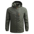 Army green men's hooded outdoor jacket with windbreaker fabric and high neck design - M / Army Green