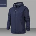 Men's outdoor hooded jacket in denim blue with windproof synthetic fabric and zipper - S / Dark Blue