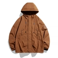 Men's hooded brown cargo windbreaker jacket with large zipper pockets and velcro patch - S / Caramel color