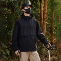 Men's black windproof outdoor jacket with detachable hood and multi-pocket utility design - XS / Black