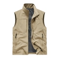 Men's khaki casual outdoor vest with stand collar, zipper pockets, and breathable mesh lining - M / Khaki
