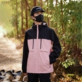 Pink and black color-block windproof outdoor jacket with detachable hood and pockets - XS / Pink