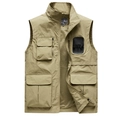 Men's khaki multi-pocket outdoor vest with breathable mesh lining and stand collar - M / Khaki