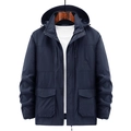 Deep blue hooded multi-pocket outdoor jacket with high collar and adjustable cuffs - M / Dark Blue