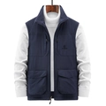 Men's outdoor multi-pocket fleece-lined vest in navy blue with a stand collar - M / Dark Blue