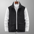 Men's outdoor multi-pocket fleece vest in solid black with warm stand collar - M / Black