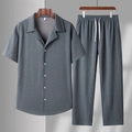 Men's ice silk short sleeve shirt and trousers set in grey with vertical texture - M / Gray