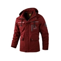 Men's outdoor hooded parka in deep red with utility pockets and embroidery detail - M / Red