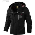 Men's black hooded outdoor cargo jacket with multiple utility pockets and windproof fabric - M / Black
