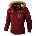 Men's outdoor cargo parka in deep red with faux fur hood and warm fleece lining - M / Red Fleece