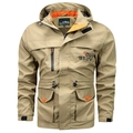 Men's khaki tactical parka jacket with orange lining and multi-pocket utility design - M / Khaki 086