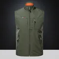 Dark green outdoor multi-pocket cargo vest with orange contrast lining and stand collar - M / Army Green