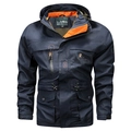 Men's outdoor cargo jacket in navy blue with vibrant orange inner lining and multi-pockets - M / Navy Blue 086