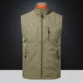 Men's outdoor multi-pocket vest in olive green with orange lining and full zip - M / Khaki