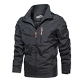 Men's black hooded outdoor utility jacket with embroidery and orange zipper details - M / Gray