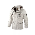 Men's outdoor hooded jacket in light grey featuring a warm brown plaid lining - 3XL / Ivory 2889