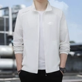 Men's white lightweight sun protection jacket with outdoor logo and stand collar - M / White